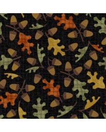 Autumn Harvest Leaf Acorns Flannel Black by Bonnie Sullivan for Maywood Studio