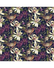 Avalon Feature Floral with Birds Navy Multi by Sumit Gill for Northcott