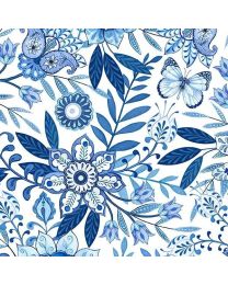 Blooming Blue Large Floral All Over White by Danielle Leone for Wilmington Prints