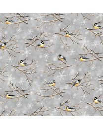 Bundle-Up Chickadees Gray by Barbara Tourtillotte for Henry Glass