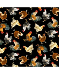 Chickens and Roosters Black by Dona Geisinger for Timeless Treasures