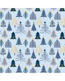Christmas Shimmer Trees Light Blue w Gold Metallic by Jennifer Ellory for P  B Textiles