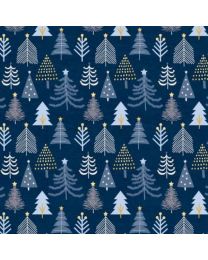 Christmas Shimmer Trees Navy w Gold Metallic by Jennifer Ellory for P  B Textiles