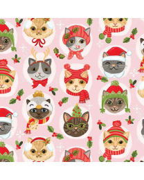 Cozy Holidays Cat Faces Pink by Olivia Gibbs for Timeless Treasures