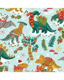 Cozy Holidays Holiday Dinos Aqua by Olivia Gibbs for Timeless Treasures