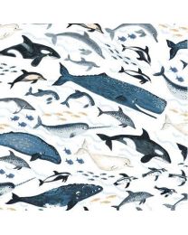 Oceans Away Whales White by Rebecca Jones from Clothworks