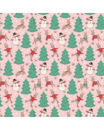 Oh What Fun Christmas Skating Deer Pink by Elea Lutz for Poppie Cotton