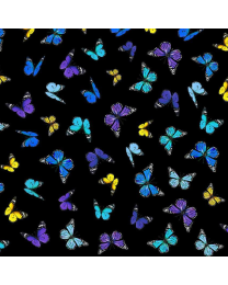 Pansy Paradise Butterflies Mariposas Black  by Timeless Treasures