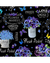 Pansy Paradise Vase Words Black by Timeless Treasures