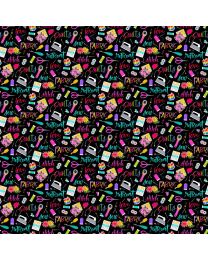 Quilt Retreat Notions Black Multi by Cynthia Frenette for Northcott