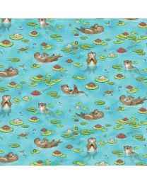 River Romp Otters  Lily Pads Teal by Sharon Kuplack for Henry Glass 