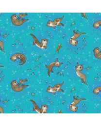 River Romp Underwater Otters Teal by Sharon Kuplack for Henry Glass