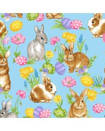Spring is Hare Blue Bunnies Allover by StudioEvaV for Blank Quilting 