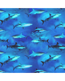 Swimming Sharks Blue by Michael Searle for Timeless Treasures
