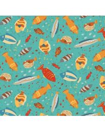 Surf's Up Teal Fish by Barb Tourtillotte for Henry Glass Fabrics 